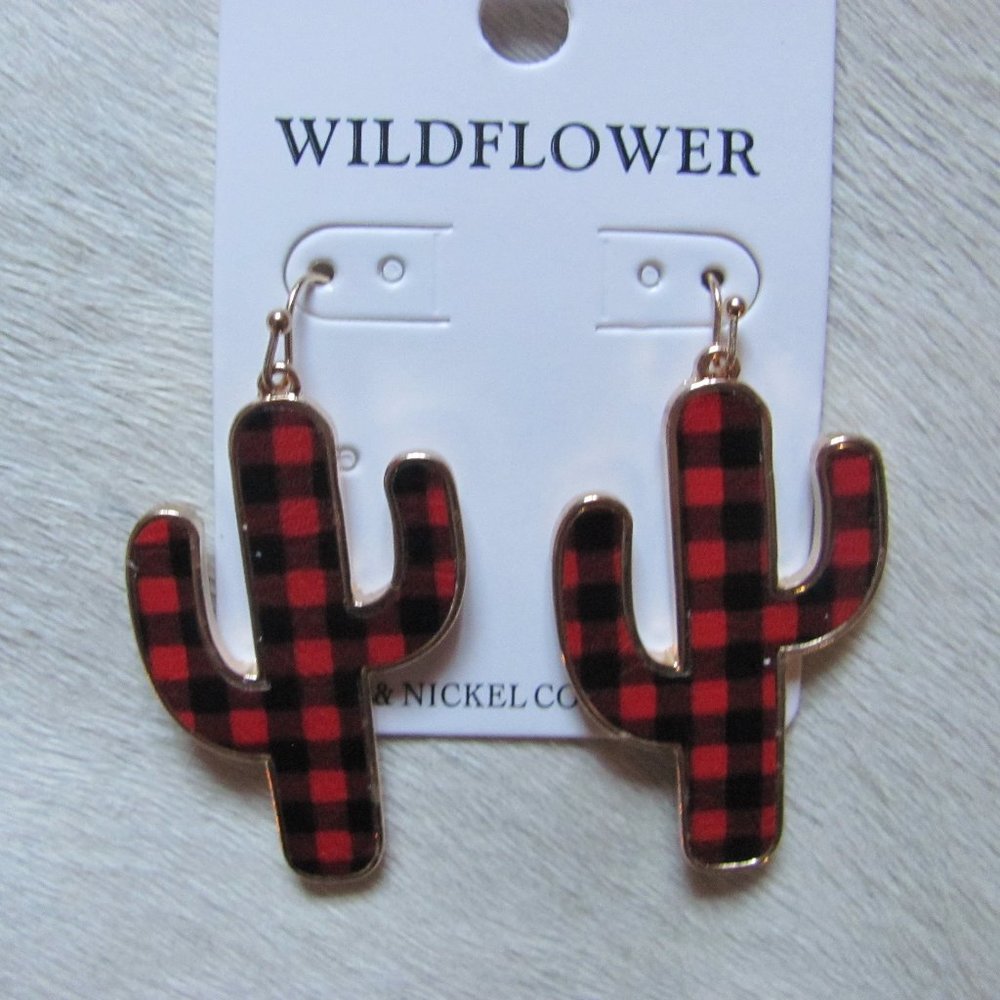 SILVERTONE TRIMMED RED BUFFALO PLAID CACTUS EARRIN